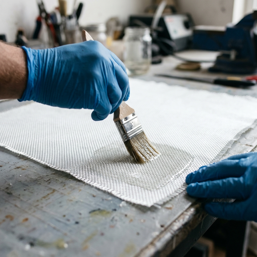 Hands laminating fiberglass