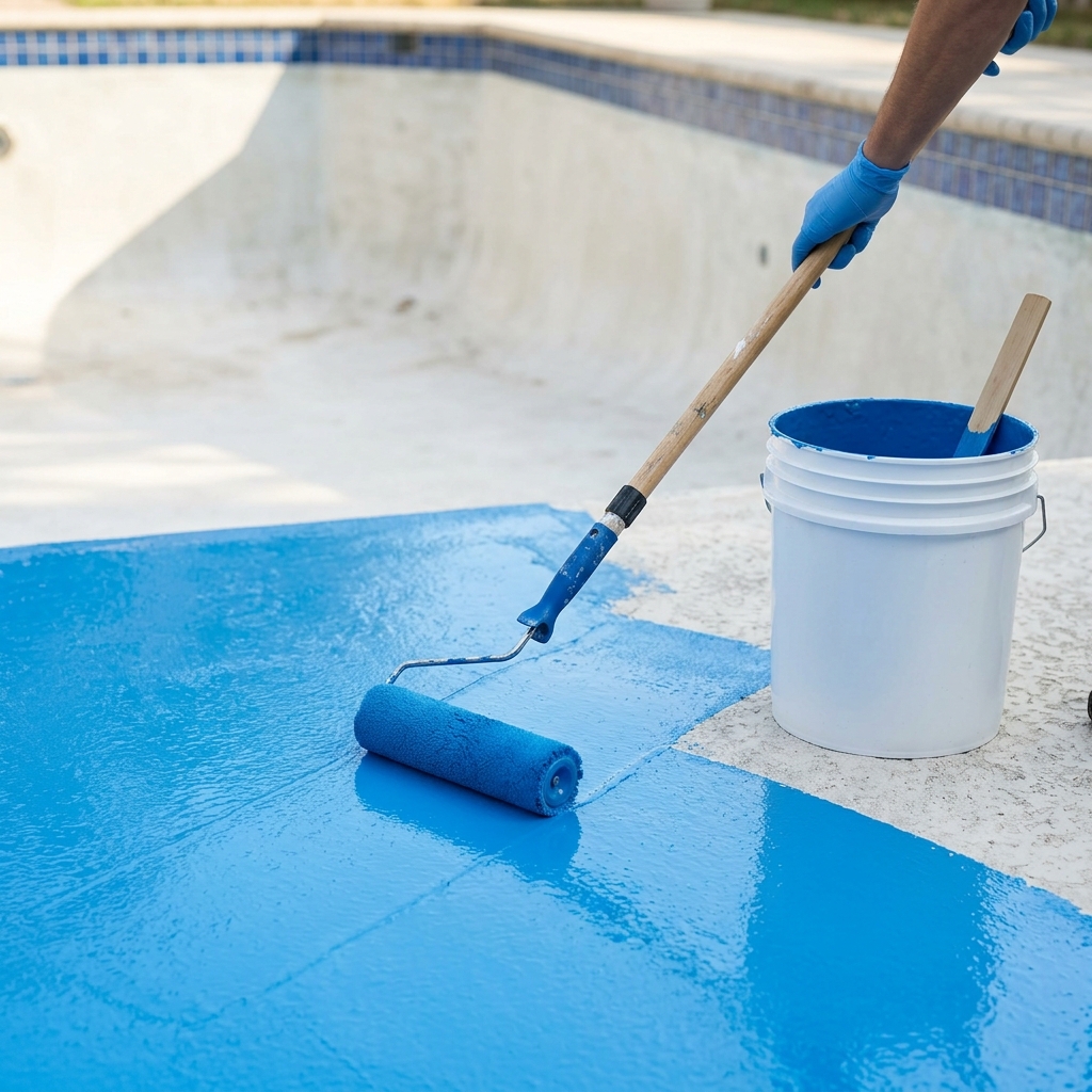 Swimming pool paint and poolcoat rolling application